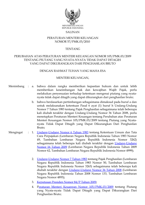 Peraturan Menteri Keuangan Nomor 57/PMK.03/2010