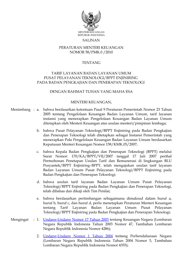 Peraturan Menteri Keuangan Nomor 58/PMK.05/2010