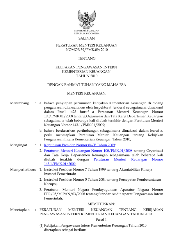 Peraturan Menteri Keuangan Nomor 59/PMK.09/2010