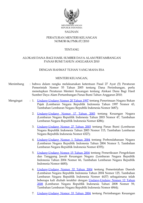 Peraturan Menteri Keuangan Nomor 06/PMK.07/2010