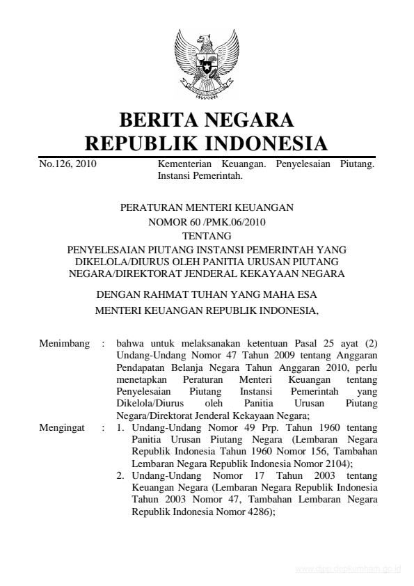 Peraturan Menteri Keuangan Nomor 60/PMK.06/2010