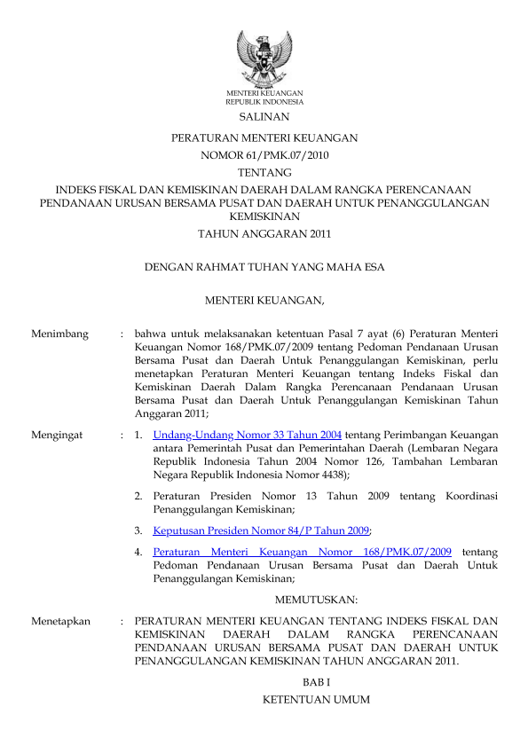 Peraturan Menteri Keuangan Nomor 61/PMK.07/2010