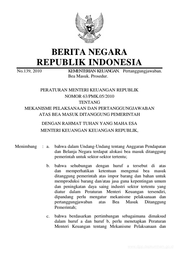 Peraturan Menteri Keuangan Nomor 63/PMK.05/2010