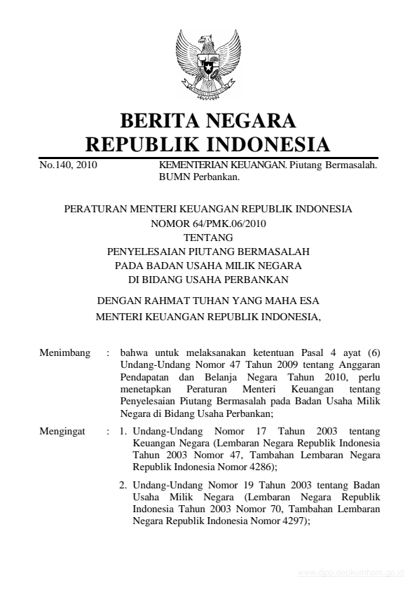 Peraturan Menteri Keuangan Nomor 64/PMK.06/2010