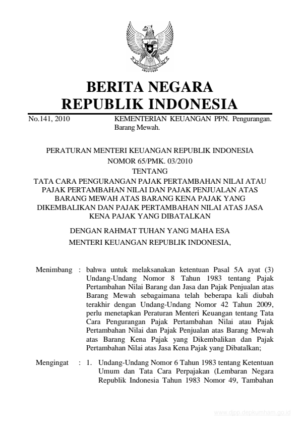 Peraturan Menteri Keuangan Nomor 65/PMK.03/2010