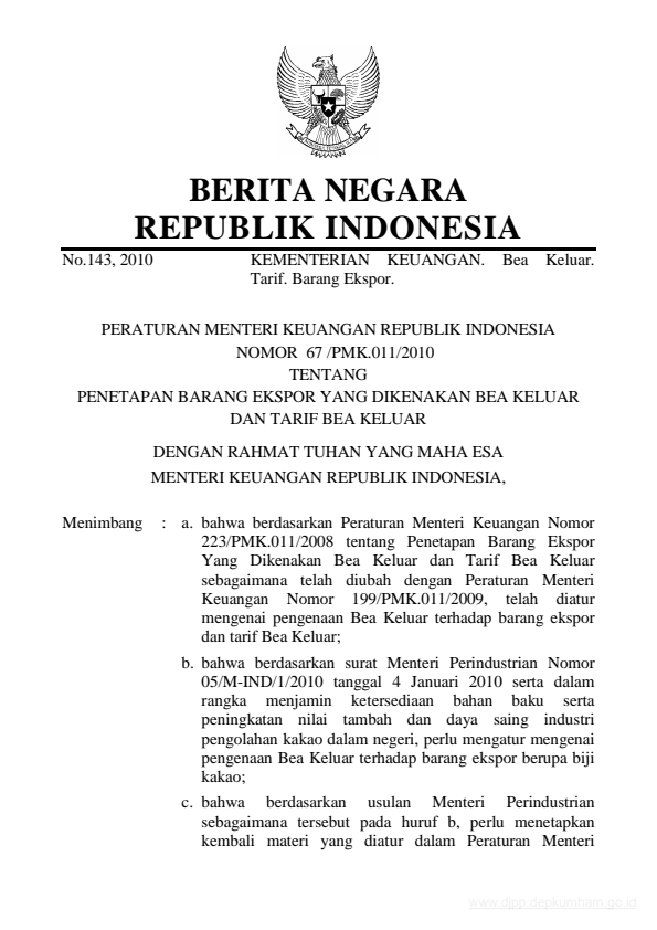 Peraturan Menteri Keuangan Nomor 67/PMK.011/2010