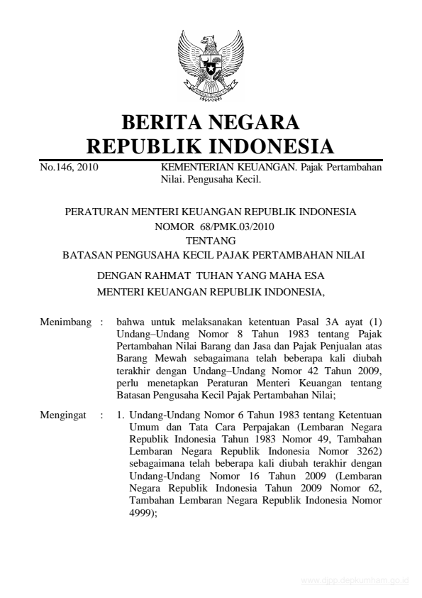 Peraturan Menteri Keuangan Nomor 68/PMK.03/2010