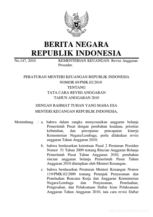 Peraturan Menteri Keuangan Nomor 69/PMK.02/2010