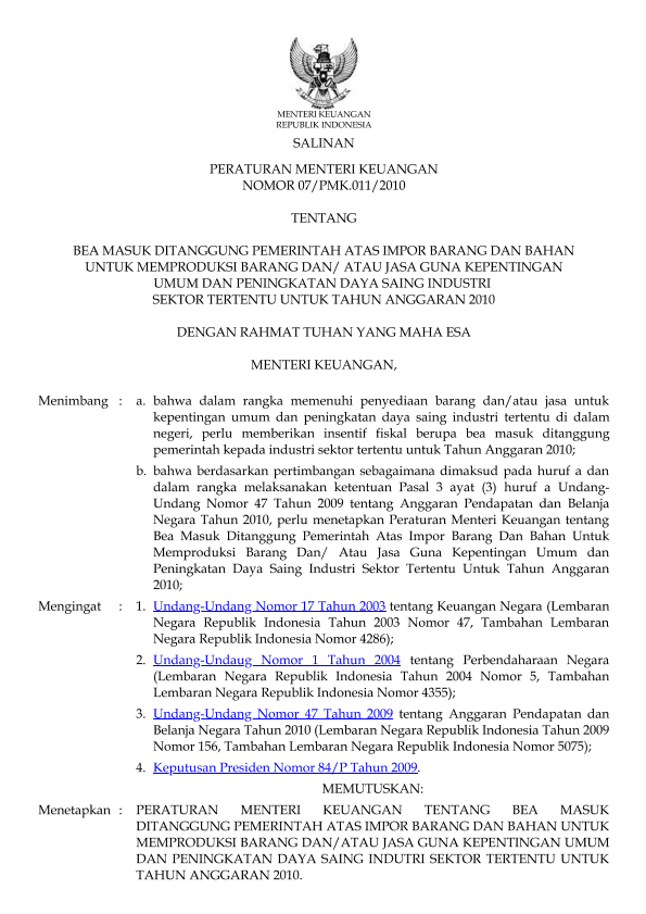 Peraturan Menteri Keuangan Nomor 07/PMK.011/2010