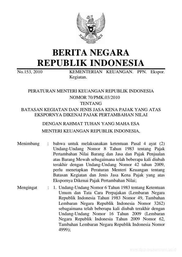 Peraturan Menteri Keuangan Nomor 70/PMK.03/2010