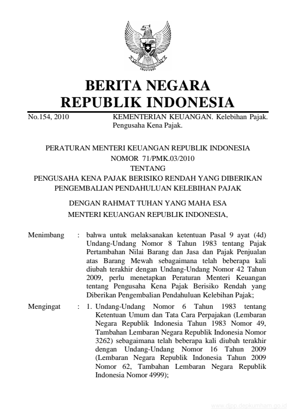 Peraturan Menteri Keuangan Nomor 71/PMK.03/2010