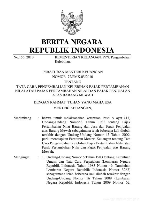 Peraturan Menteri Keuangan Nomor 72/PMK.03/2010