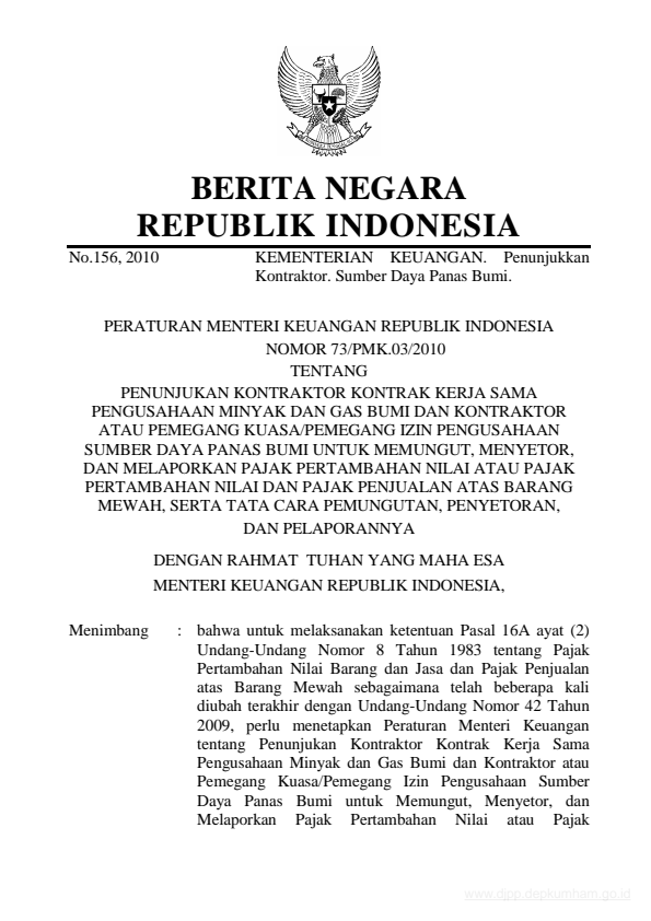 Peraturan Menteri Keuangan Nomor 73/PMK.03/2010