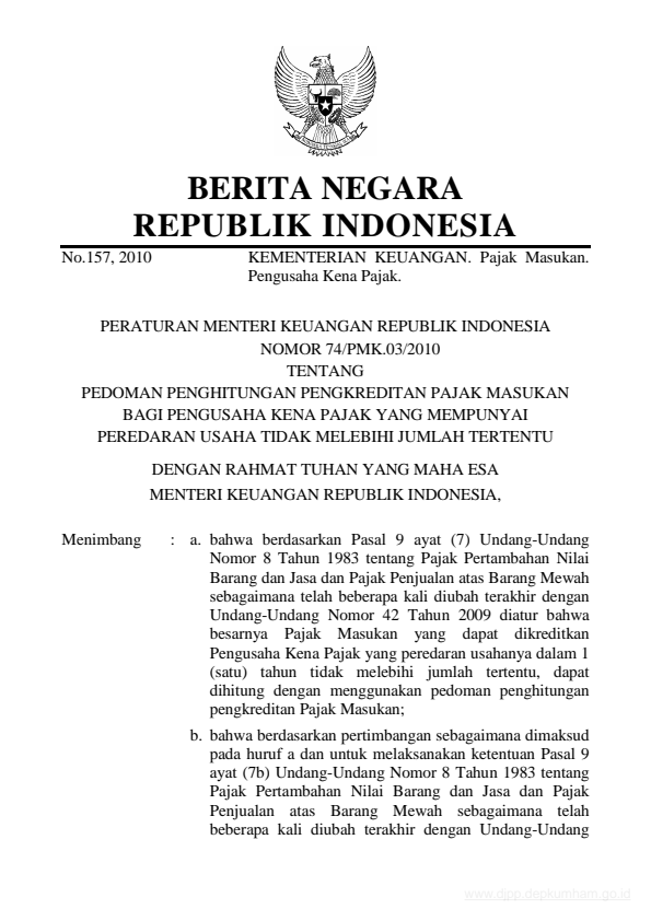 Peraturan Menteri Keuangan Nomor 74/PMK.03/2010