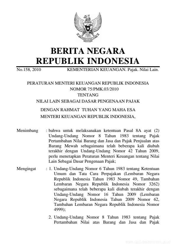 Peraturan Menteri Keuangan Nomor 75/PMK.03/2010