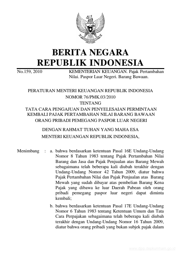 Peraturan Menteri Keuangan Nomor 76/PMK.03/2010