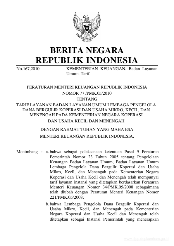 Peraturan Menteri Keuangan Nomor 77/PMK.05/2010