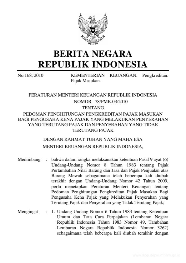 Peraturan Menteri Keuangan Nomor 78/PMK.03/2010