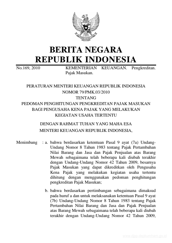 Peraturan Menteri Keuangan Nomor 79/PMK.03/2010