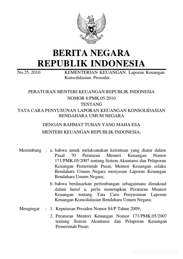 Peraturan Menteri Keuangan Nomor 08/PMK.05/2010