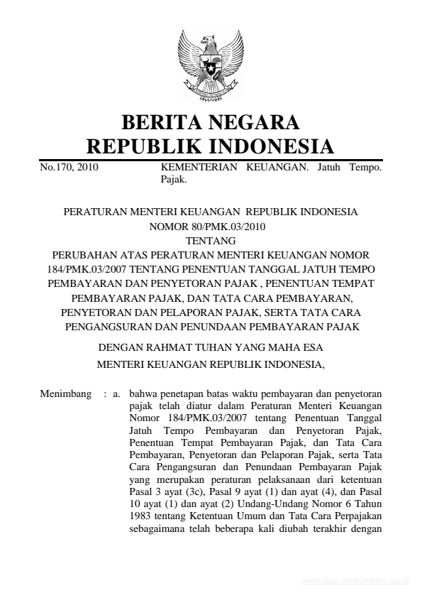 Peraturan Menteri Keuangan Nomor 80/PMK.03/2010