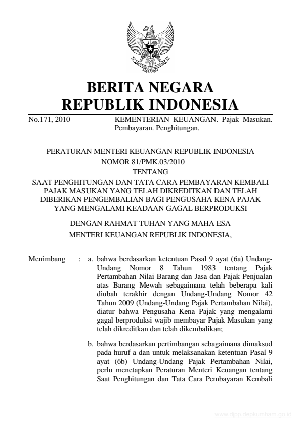 Peraturan Menteri Keuangan Nomor 81/PMK.03/2010