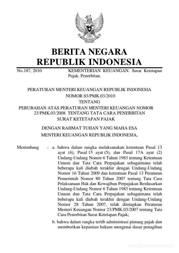 Peraturan Menteri Keuangan Nomor 83/PMK.03/2010