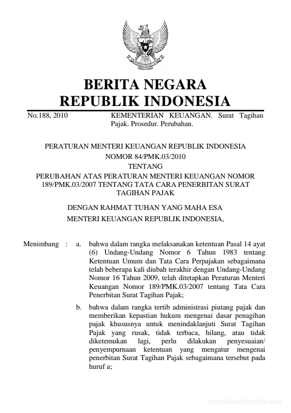 Peraturan Menteri Keuangan Nomor 84/PMK.03/2010