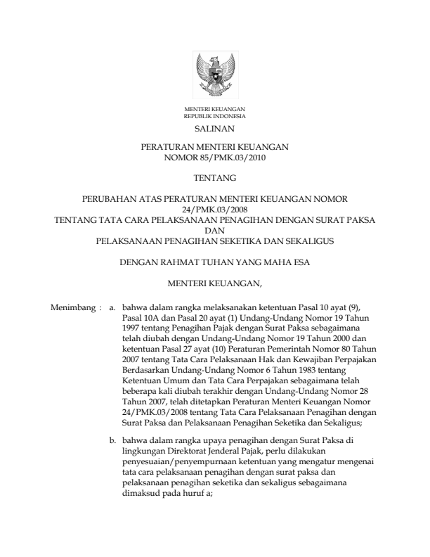 Peraturan Menteri Keuangan Nomor 85/PMK.03/2010