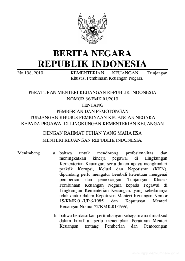 Peraturan Menteri Keuangan Nomor 86/PMK.01/2010