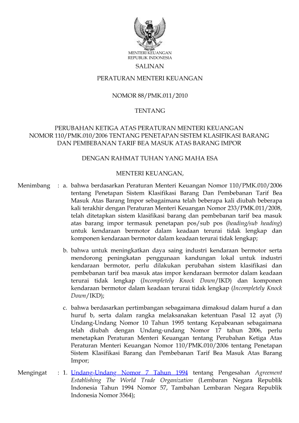 Peraturan Menteri Keuangan Nomor 88/PMK.011/2010