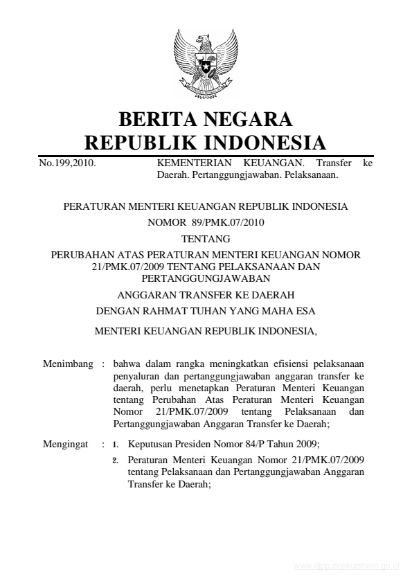 Peraturan Menteri Keuangan Nomor 89/PMK.07/2010