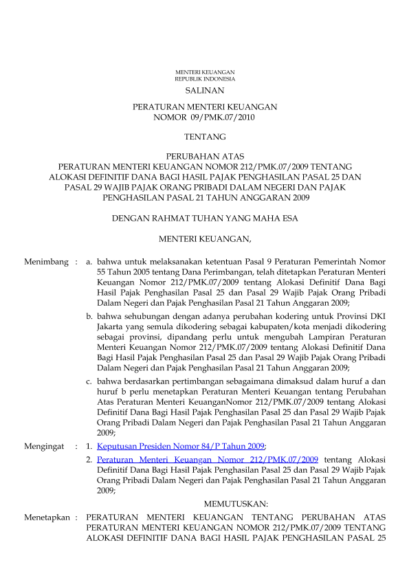 Peraturan Menteri Keuangan Nomor 09/PMK.07/2010