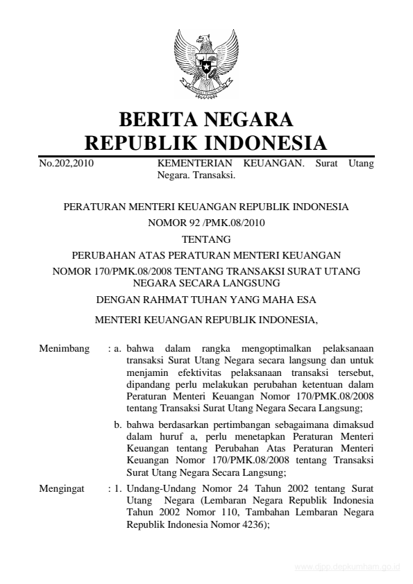 Peraturan Menteri Keuangan Nomor 92/PMK.08/2010