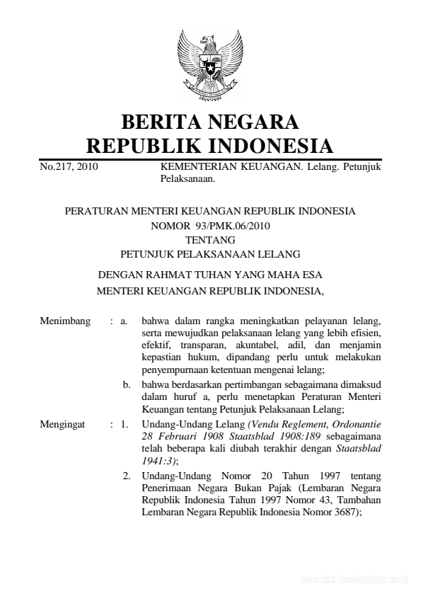 Peraturan Menteri Keuangan Nomor 93/PMK.06/2010