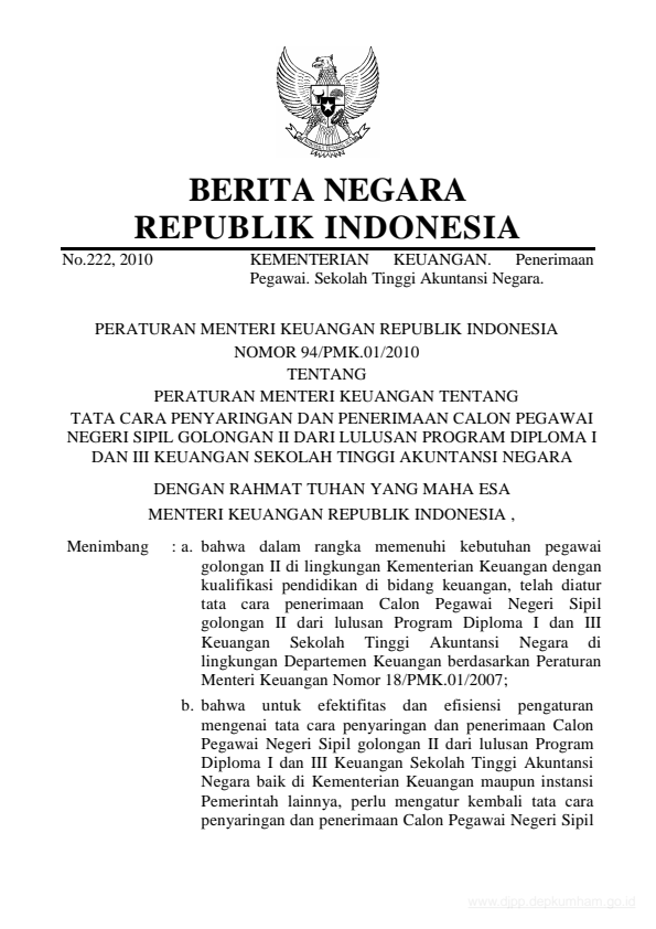 Peraturan Menteri Keuangan Nomor 94/PMK.01/2010