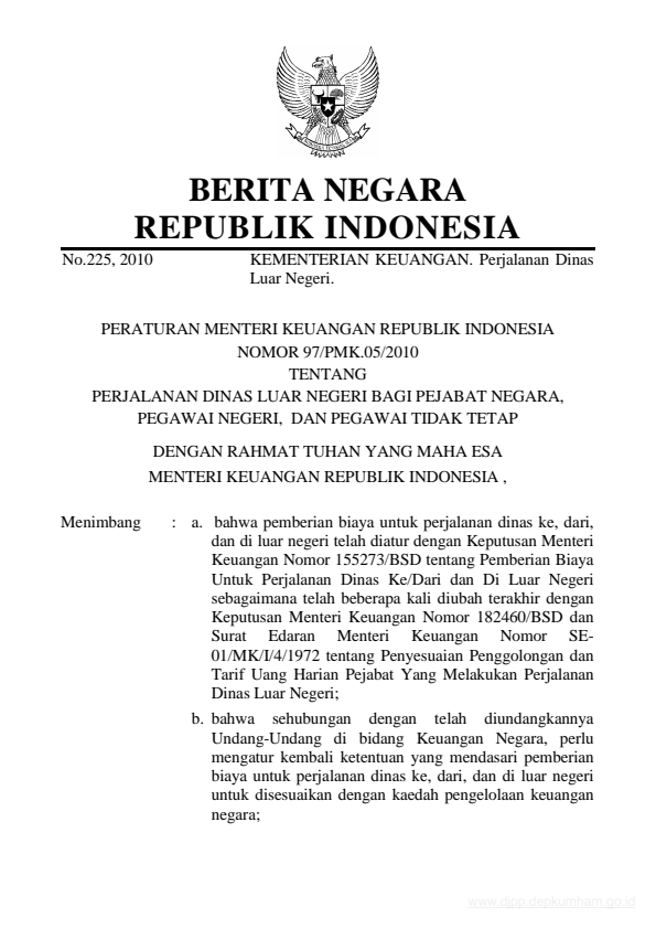 Peraturan Menteri Keuangan Nomor 97/PMK.05/2010