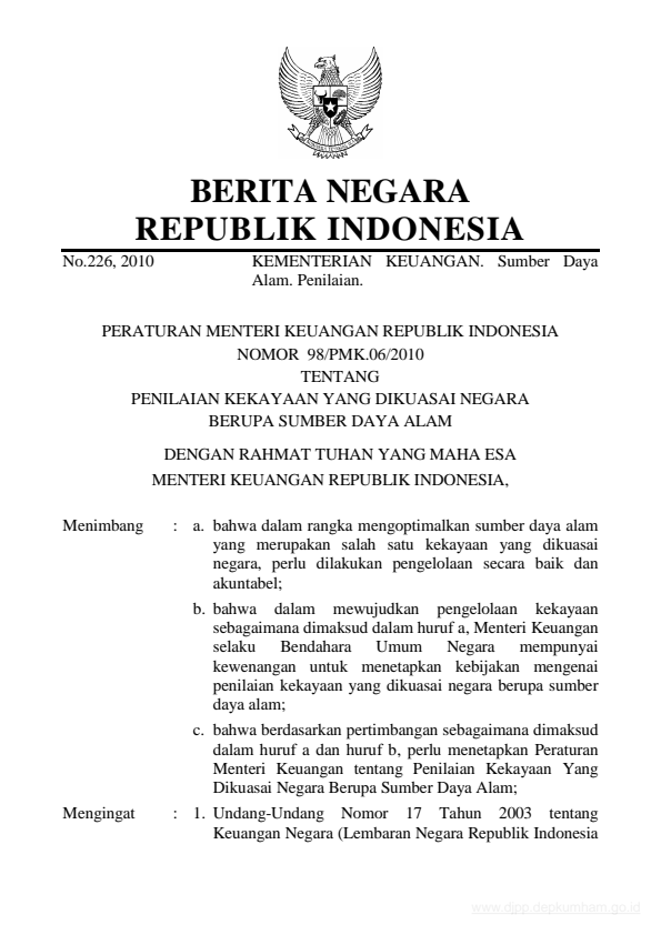 Peraturan Menteri Keuangan Nomor 98/PMK.06/2010