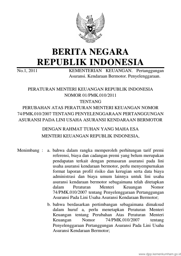 Peraturan Menteri Keuangan Nomor 01/PMK.010/2011