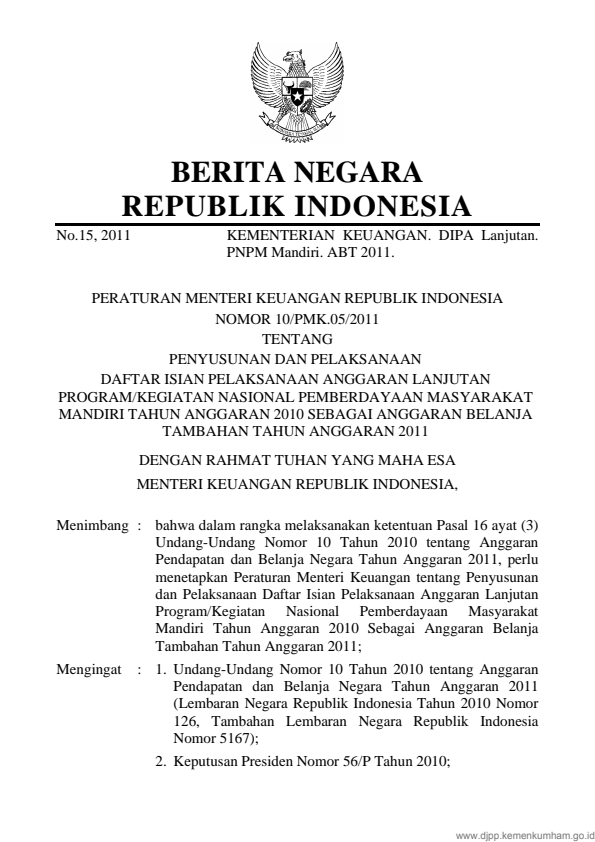 Peraturan Menteri Keuangan Nomor 10/PMK.05/2011