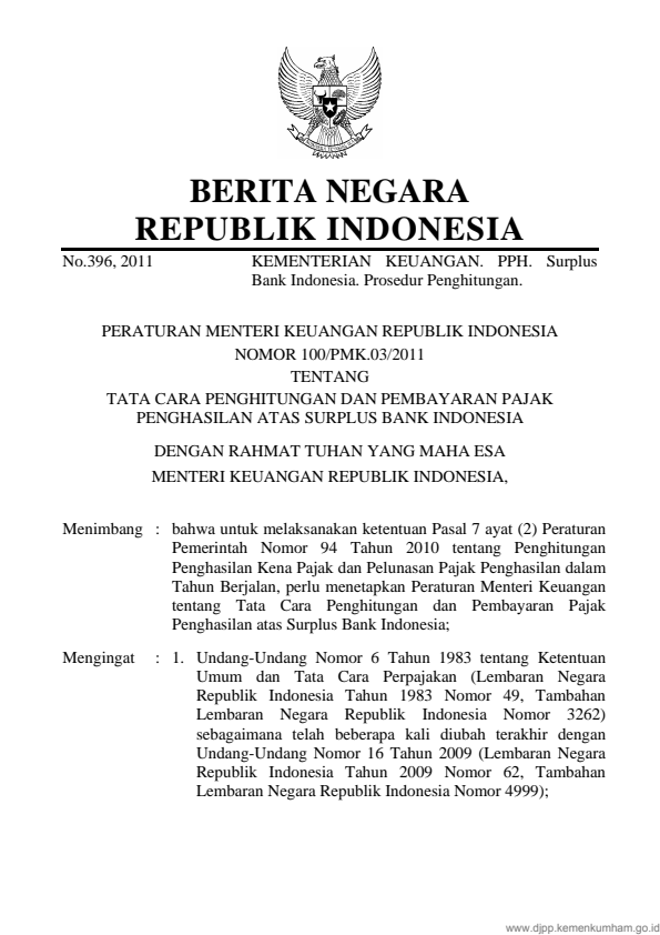 Peraturan Menteri Keuangan Nomor 100/PMK.03/2011