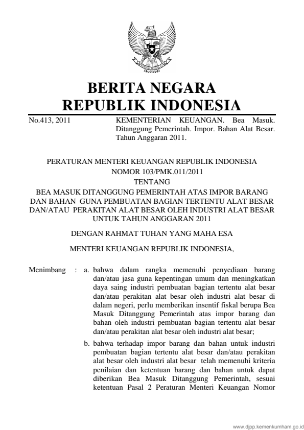 Peraturan Menteri Keuangan Nomor 103/PMK.011/2011