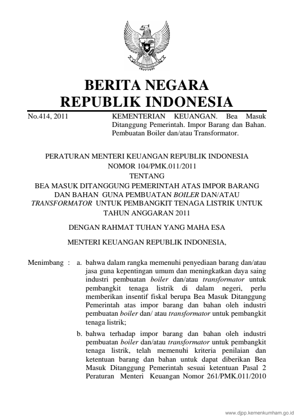 Peraturan Menteri Keuangan Nomor 104/PMK.011/2011