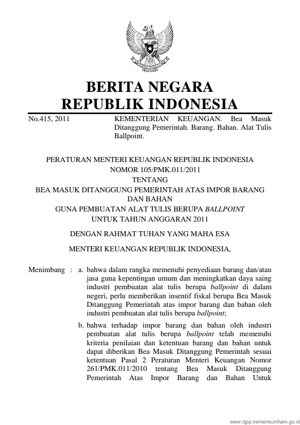 Peraturan Menteri Keuangan Nomor 105/PMK.011/2011