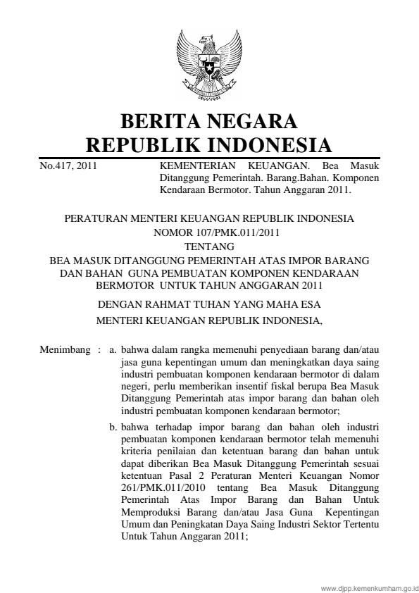 Peraturan Menteri Keuangan Nomor 107/PMK.011/2011