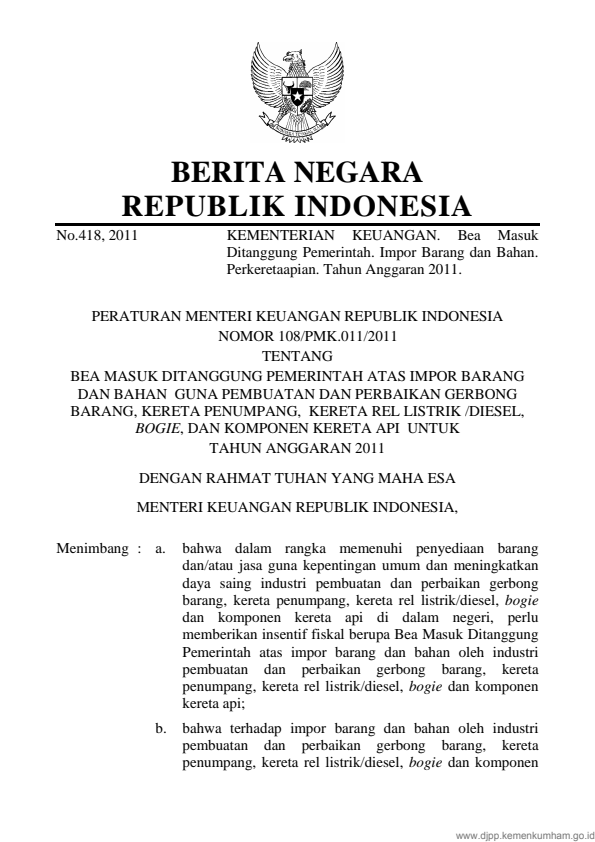 Peraturan Menteri Keuangan Nomor 108/PMK.011/2011