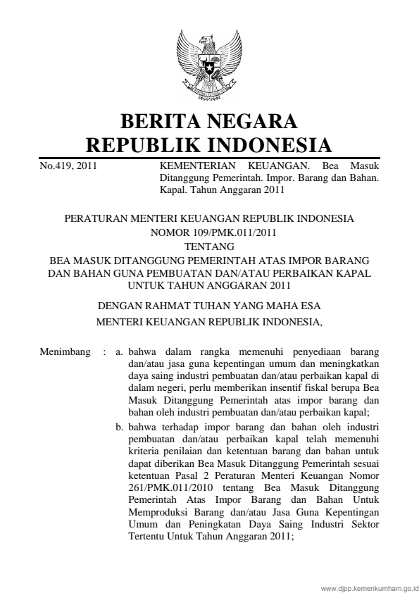 Peraturan Menteri Keuangan Nomor 109/PMK.011/2011