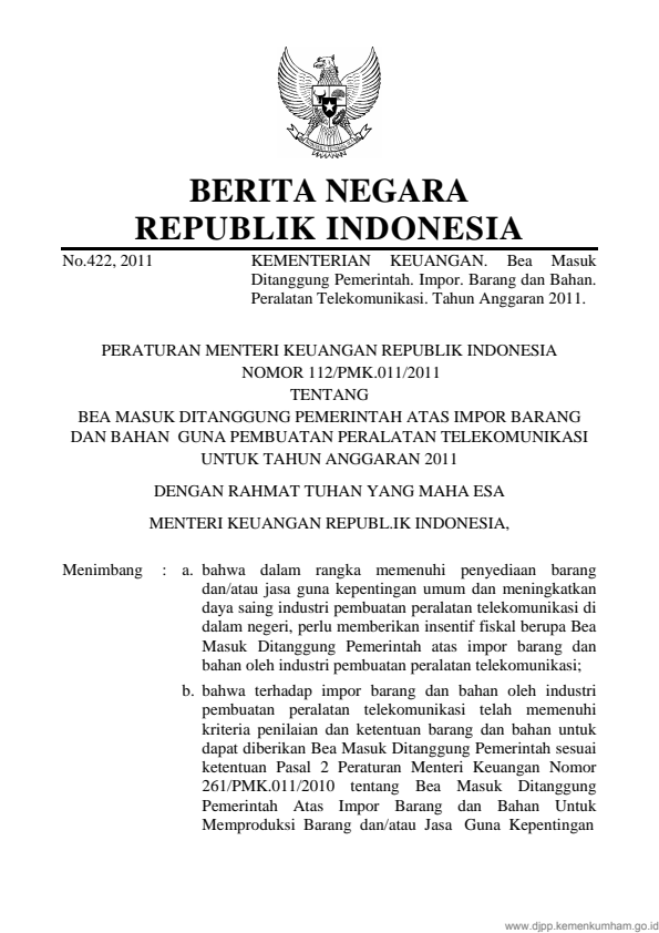 Peraturan Menteri Keuangan Nomor 112/PMK.011/2011