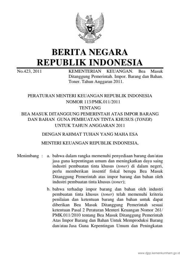 Peraturan Menteri Keuangan Nomor 113/PMK.011/2011