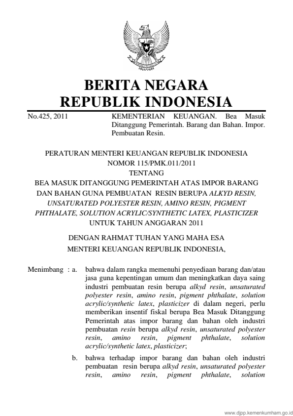 Peraturan Menteri Keuangan Nomor 115/PMK.011/2011